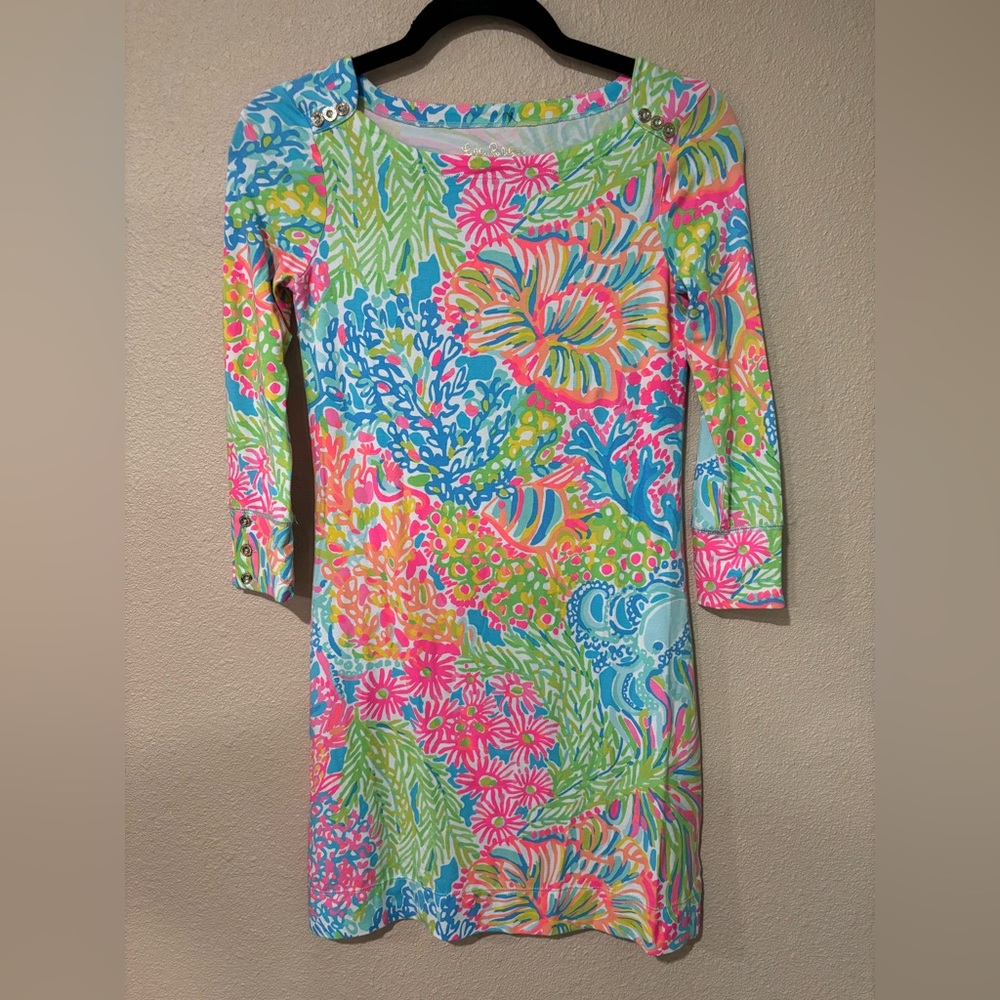 Lilly Pulitzer reef Pink Blue Green Floral Long Sleeve Shift Dress